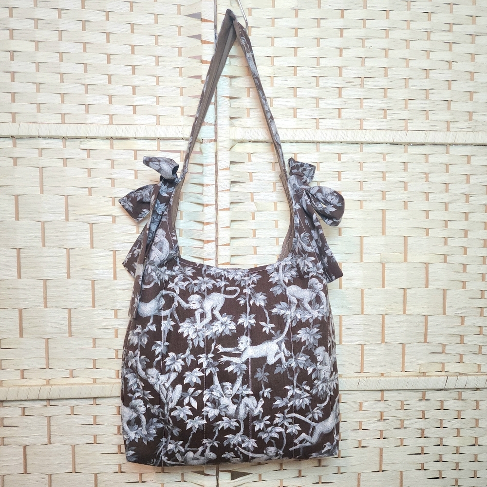 Handmade Quilted Tote Bag With Side Bows Vintage 90s Fabric Lined Inner Pocket